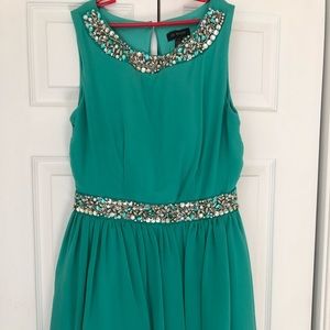 Short, jeweled, teal party dress